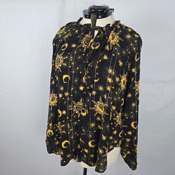 Torrid Blouse Women's 1X Black Gold Moon Print Long Sleeve Tie Mock Neck NWT - Picture 12 of 16